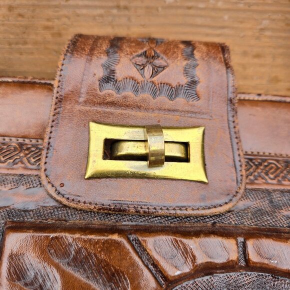Vintage 70s Mexican Mayan Tooled Leather Handbag Shoulder Bag  Brown Top Handles - Picture 2 of 12